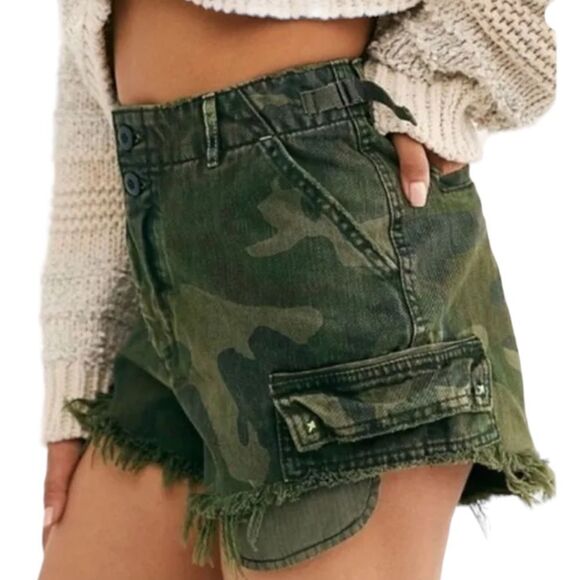 Free People Green Commando Cargo Camo CutOff High Rise Relaxed Denim Shorts